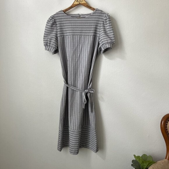 Vintage Marty Gutmacher Retro Midi Dress gray stripe belted ILGWU S/M - Picture 2 of 7